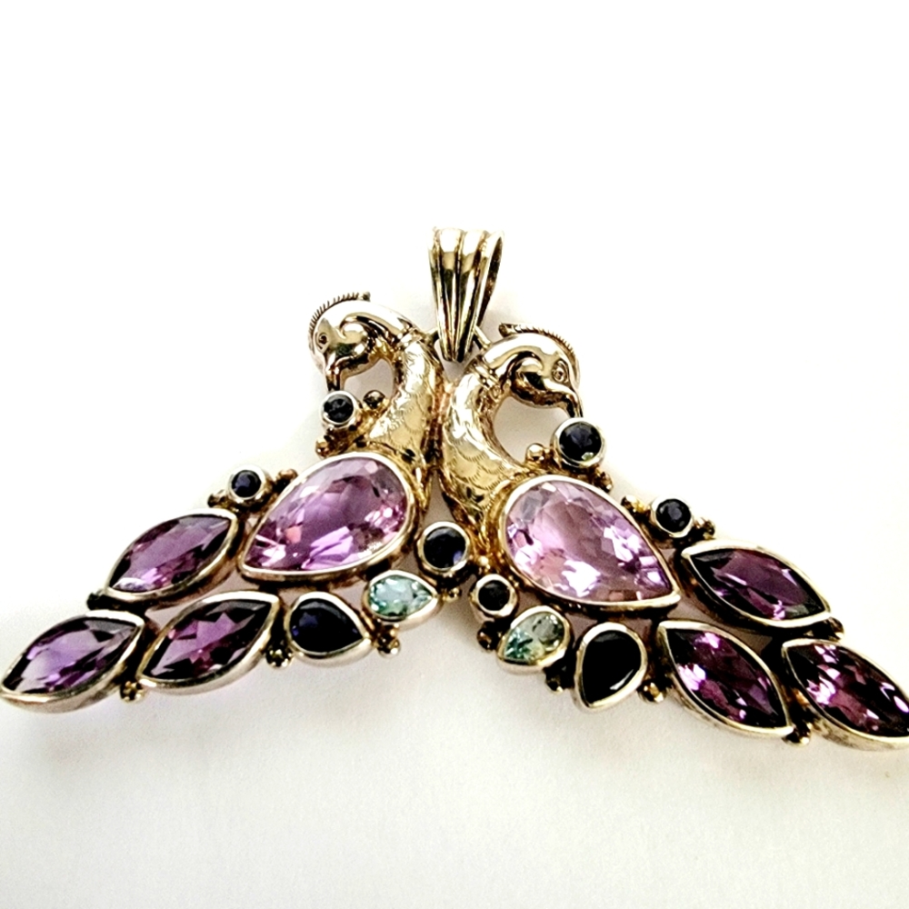 Vintage .925 Silver Peacocks Amethyst Sapphires Topaz Gem Stones Pendant